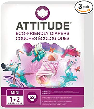 ATTITUDE Baby Diapers, Size 1-2 (6-15 Pounds), 52 Count  (Pack of 3)