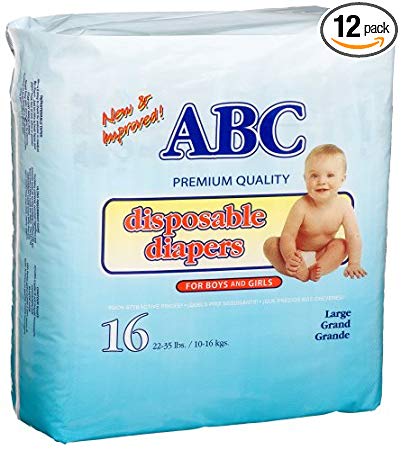 A.B.C. Diapers Large Diapers (22-35 Lbs), 16 Count (Pack of 12)