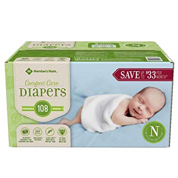 Member's Mark Comfort Care Baby Diapers, Newborn Up to 10 Pounds (108 Count)