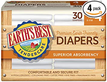 Earth's Best TenderCare Chlorine-Free Diapers, Fragrance Free, Size 4, Weight 22-37 lbs, 30 Count (Pack of 4)